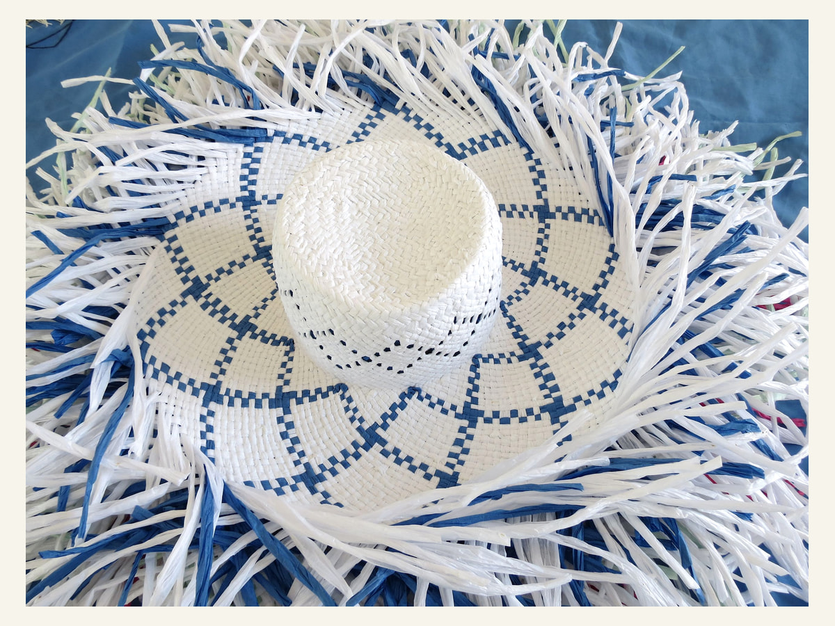geometric grid fringed Shantung paper hat body handwoven paper hat body P16 for wholesale production
